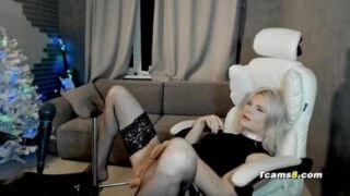 Blonde Tranny Teases in Fishnets on Gaming Chair