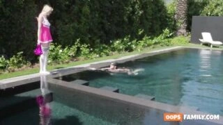 Amber Moore, a buxomy and nasty stepsister, catches her stepbrother seeing a secret three-way porn video!